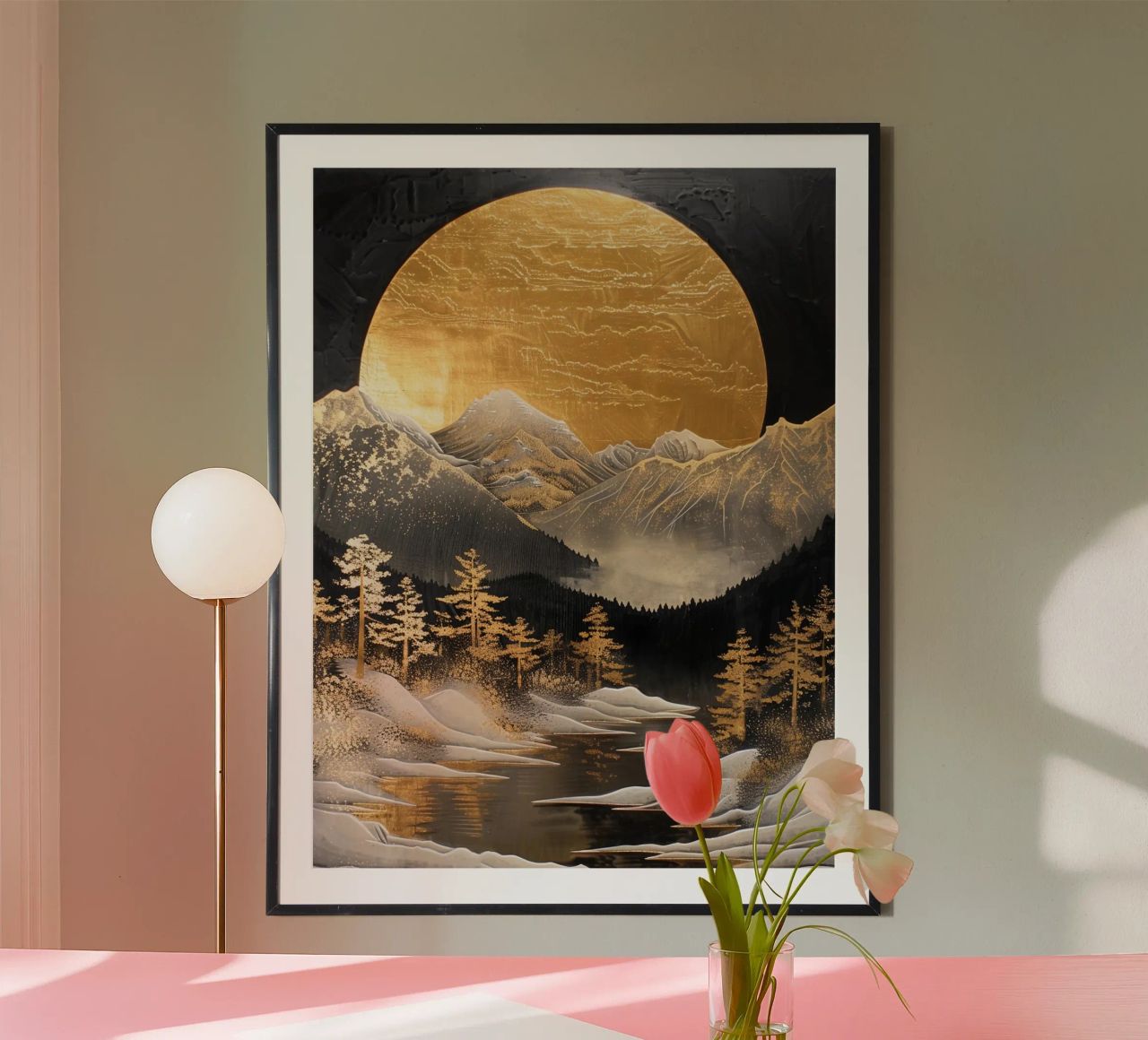 Mountains Forest Moon Landscape Golden poster by Mateo