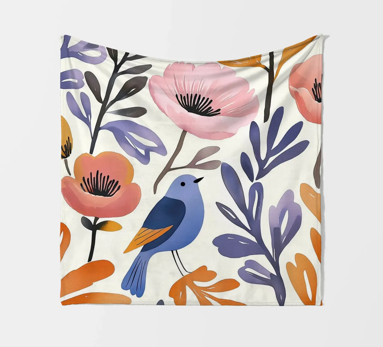 Bluebird Poppy Garden Vintage Floral con morbide piume coperta in pile da Gentle Echoes Art