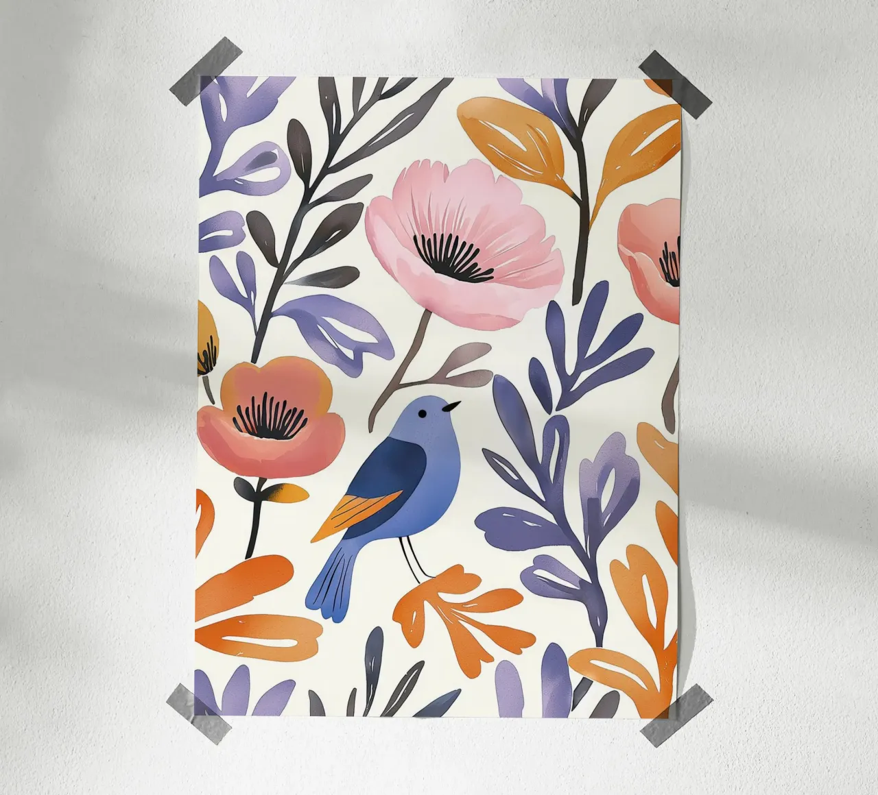 Bluebird Poppy Garden Vintage Floral con morbide piume poster con telaio in plastica da Gentle Echoes Art