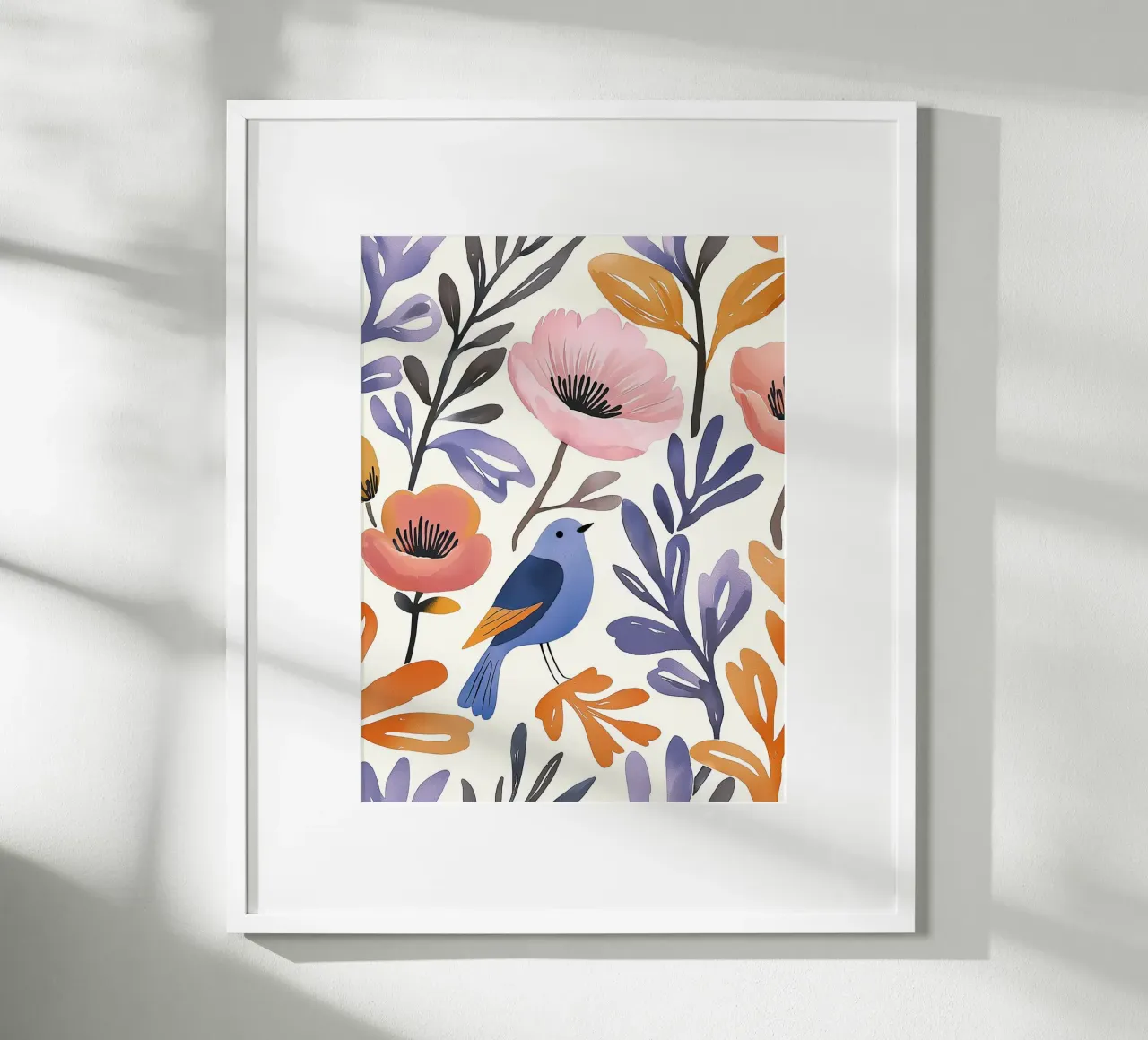 Bluebird Poppy Garden Vintage Floral con morbide piume poster con telaio in plastica da Gentle Echoes Art
