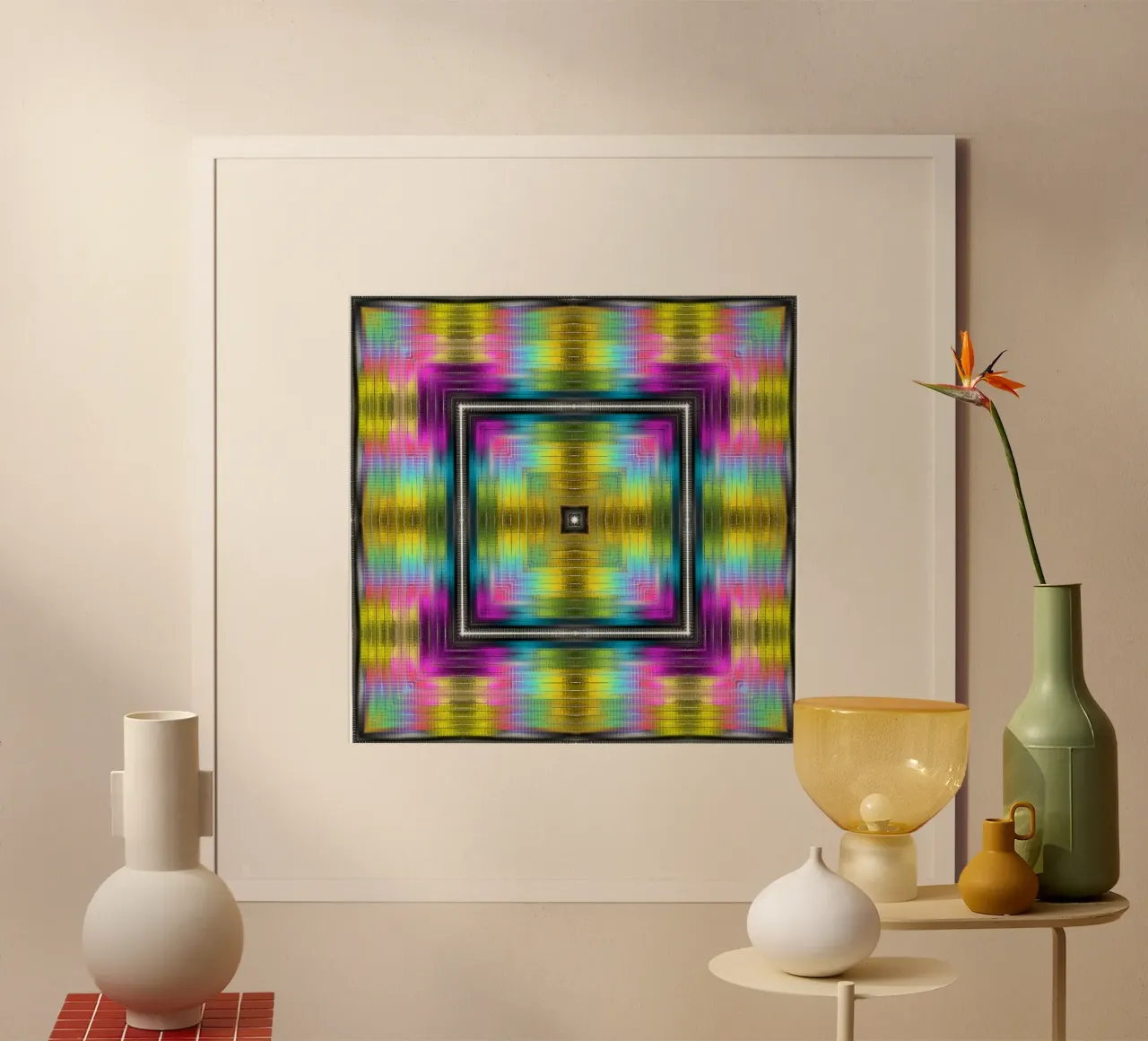 Caleidoscopio a 4 angoli incorniciato da luminosi spettri di colore poster con telaio in legno da Gürsel Yesil Digital Art