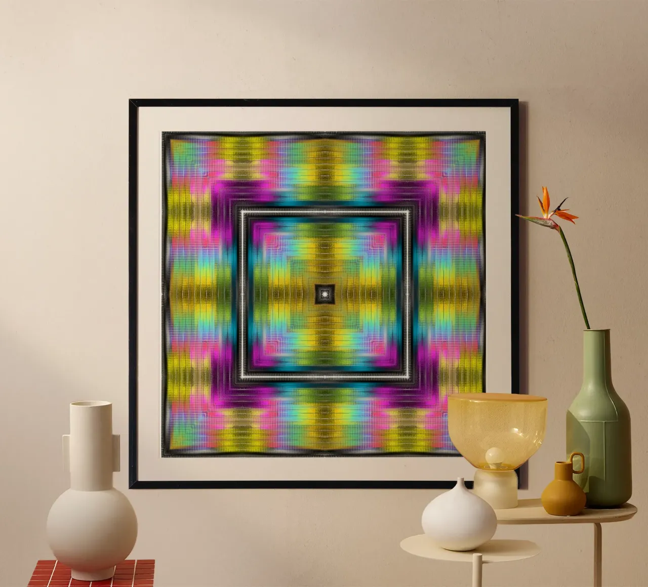Caleidoscopio a 4 angoli incorniciato da luminosi spettri di colore poster con telaio in legno da Gürsel Yesil Digital Art