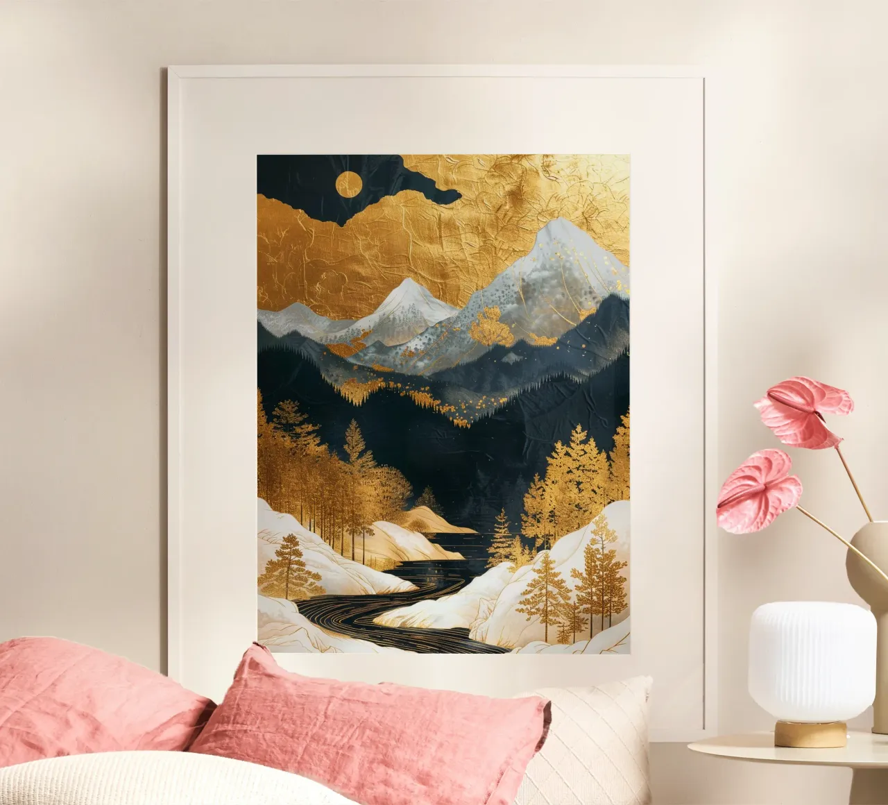 Mountains Forest Golden poster con telaio in alluminio da Mateo