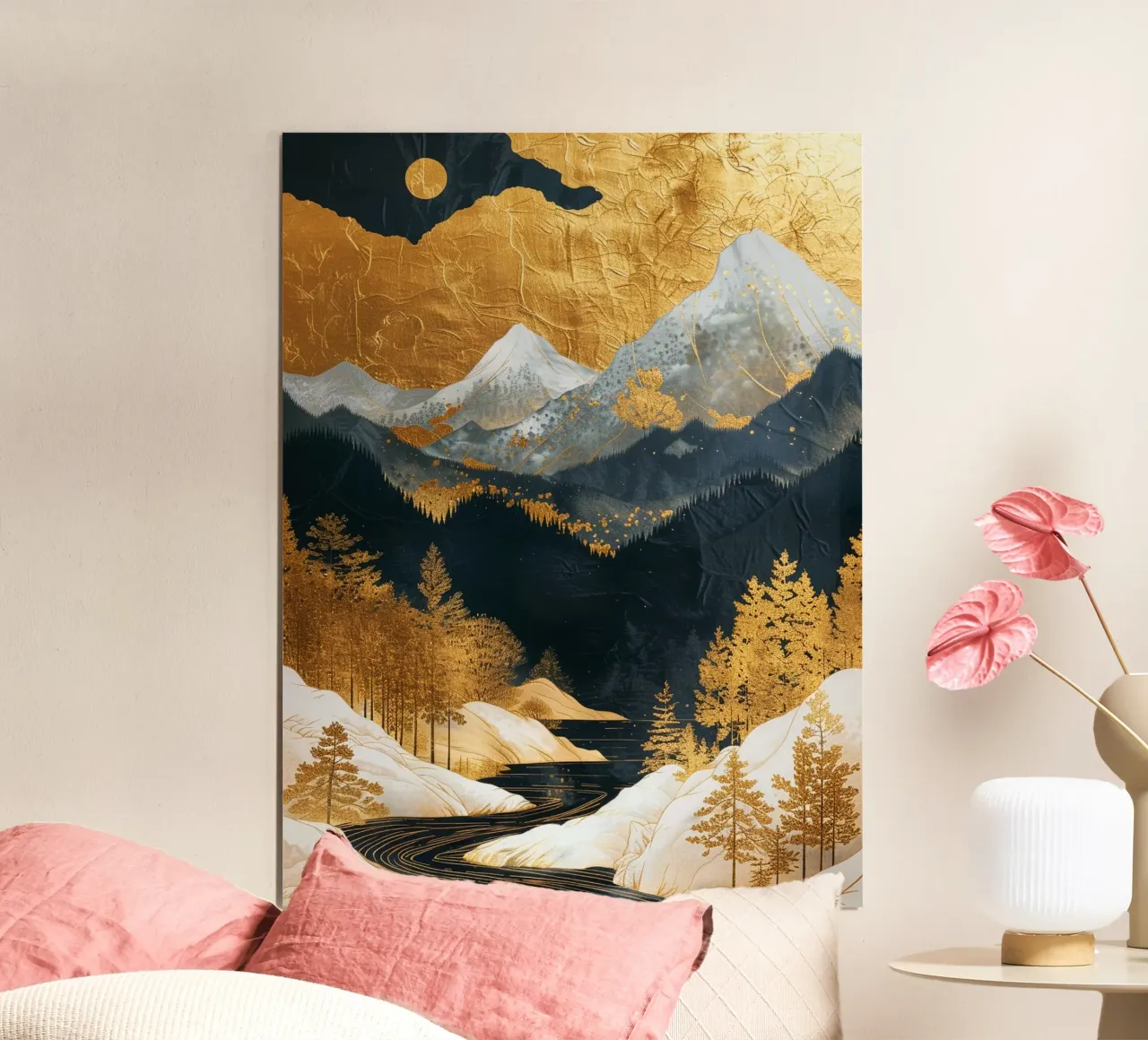 Mountains Forest Golden poster con telaio in alluminio da Mateo