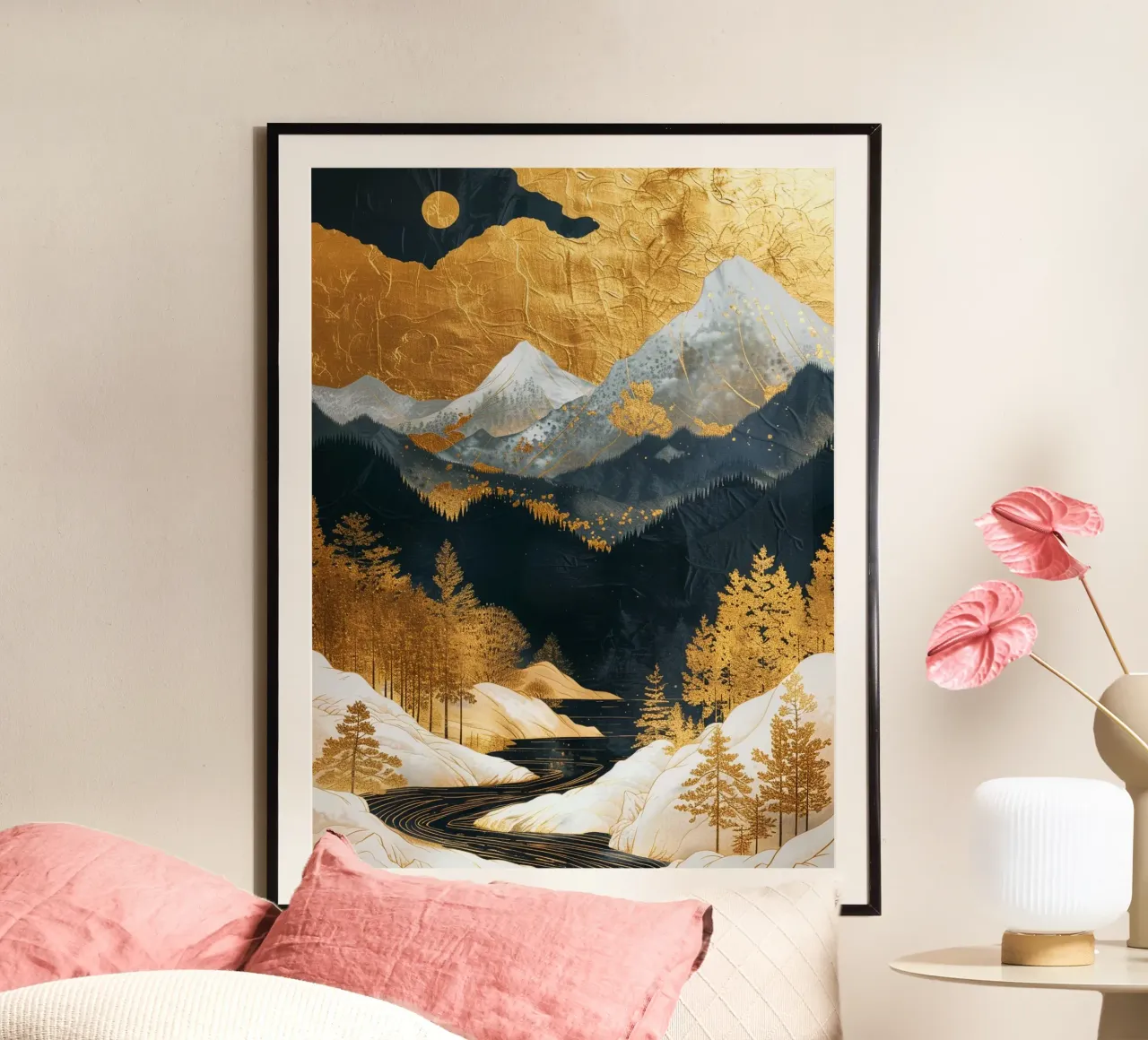 Mountains Forest Golden poster con telaio in alluminio da Mateo