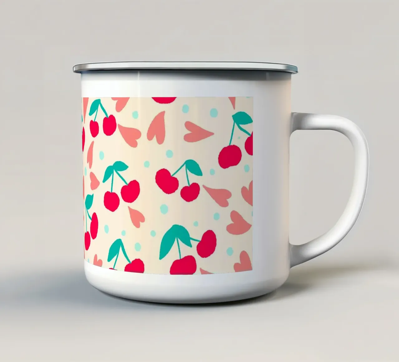Ciliegie e cuori tazza in smalto da Wackapacka