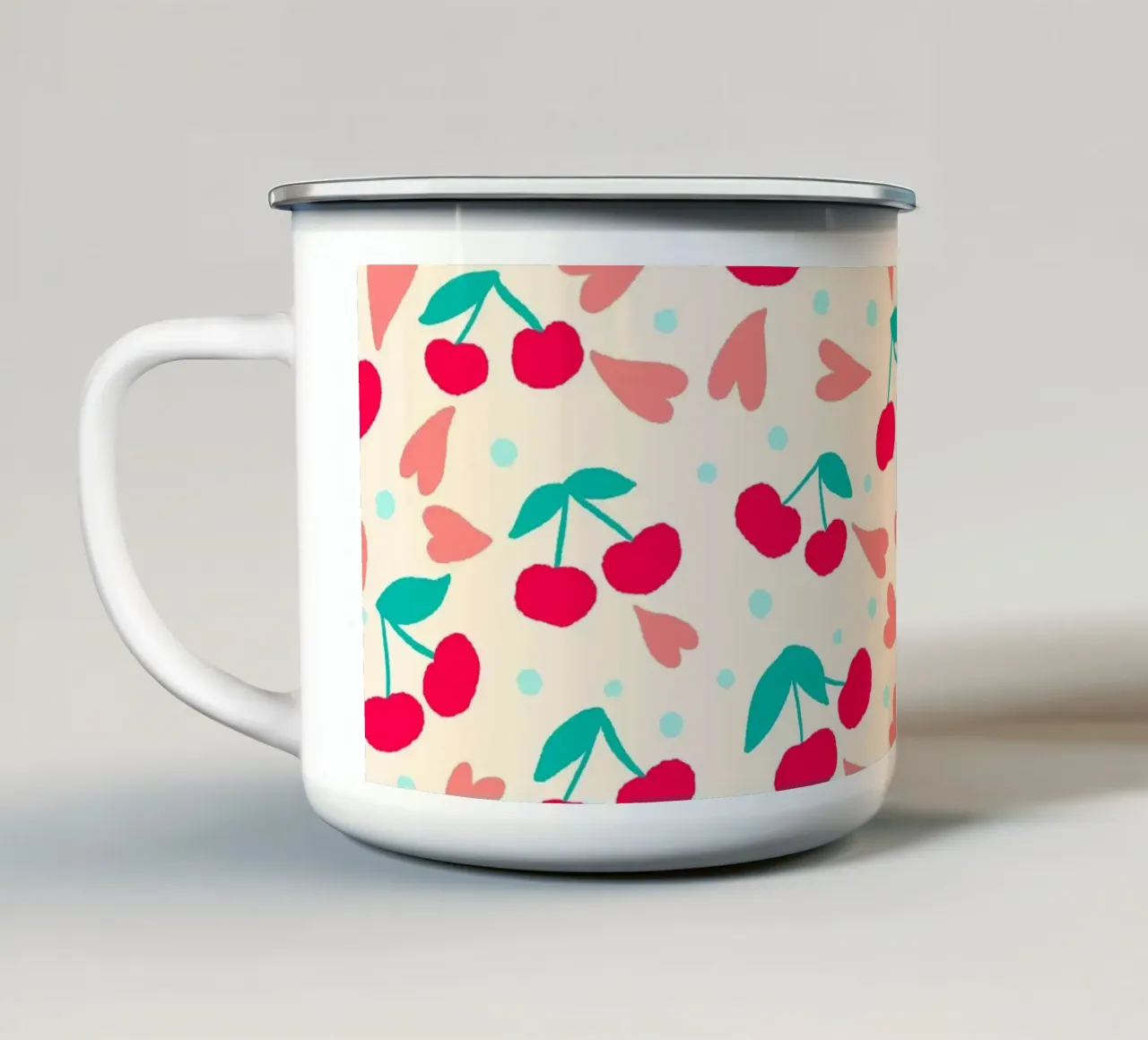 Ciliegie e cuori tazza in smalto da Wackapacka