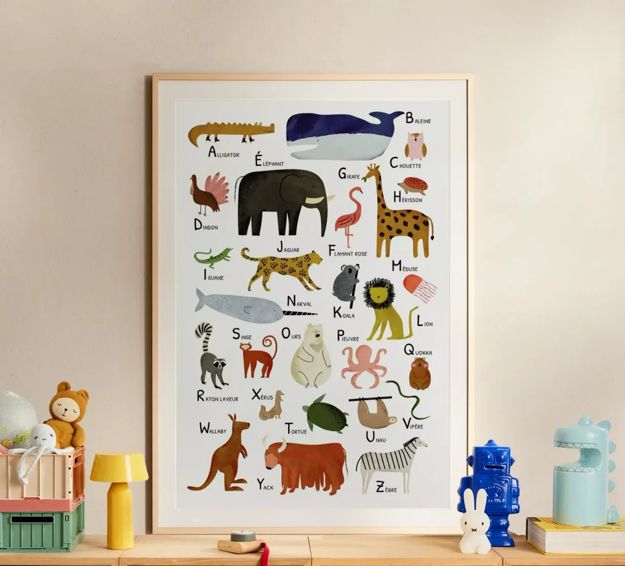 Abécédaire des animaux poster con telaio in legno da Little Flourishes