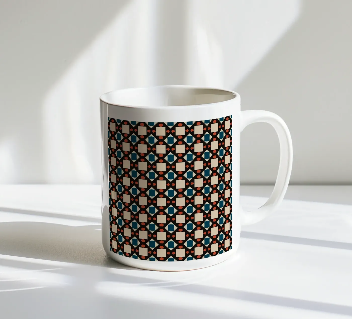 Geometrical pattern boho ceramic mug by Little Dean