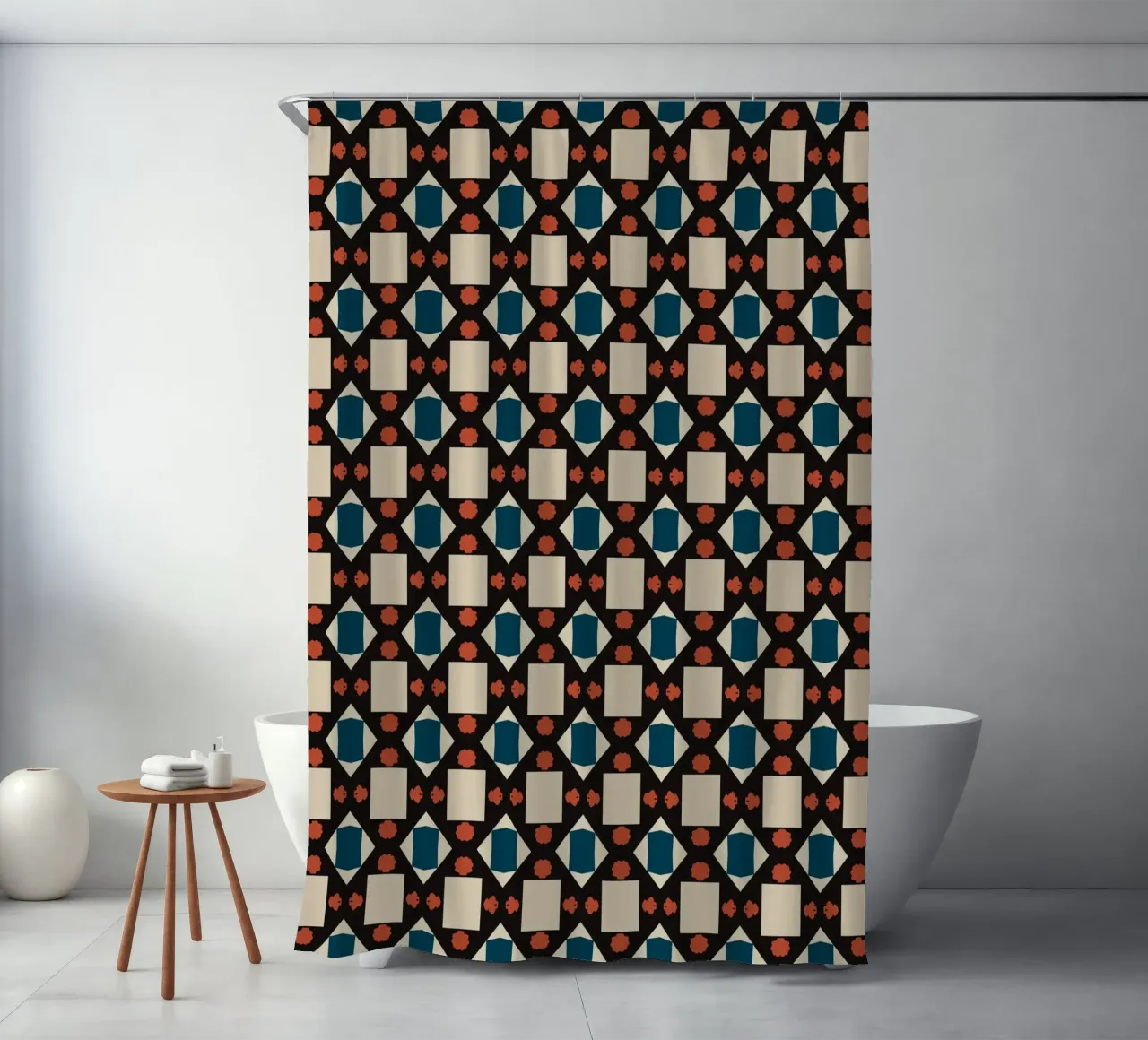 Geometrical pattern boho shower curtain by Little Dean