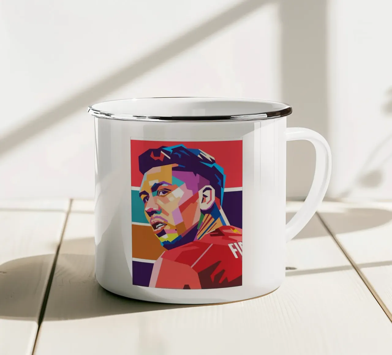 Calcio iconico Robert Firmino pop art tazza in smalto da Hantamrata
