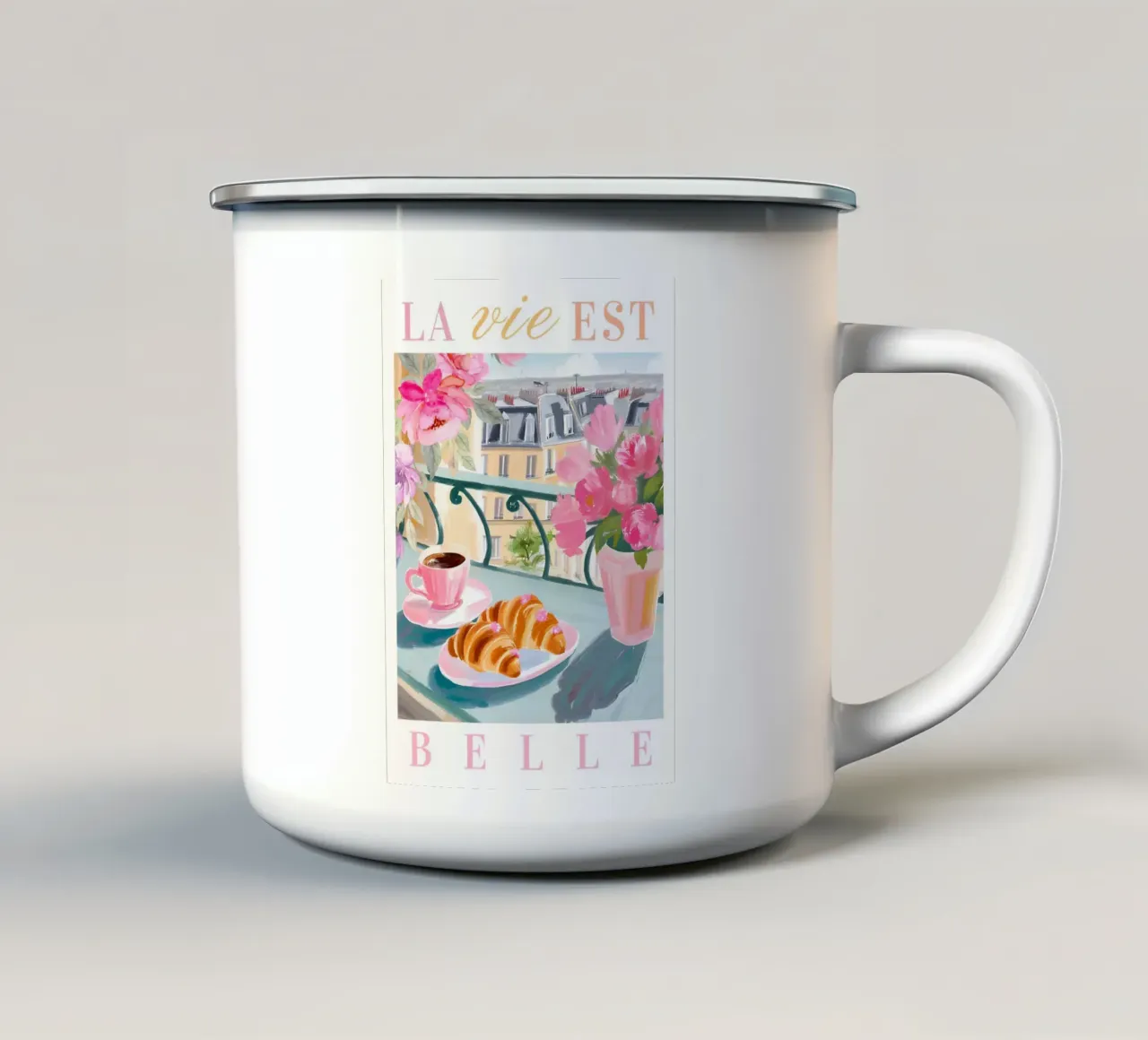 Caffè francese e croissant, stampa sulla colazione, arte in cucina tazza in smalto da Bella Studio