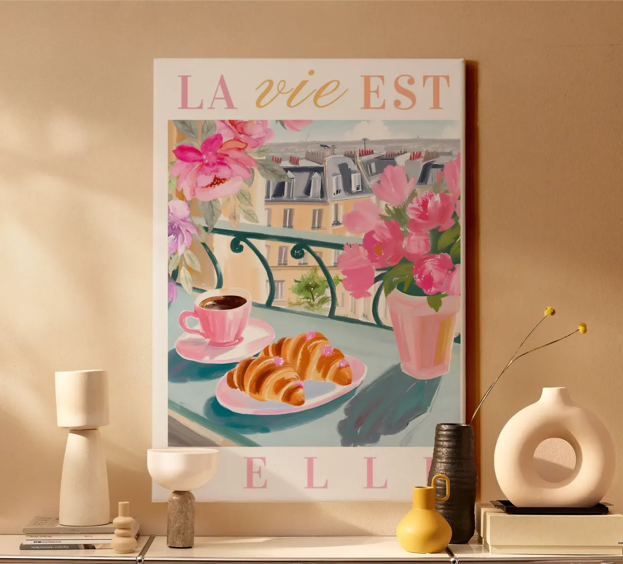 French Coffee and Croissants, Breakfast Print, Kitchen Art canvas by Bella Studio
