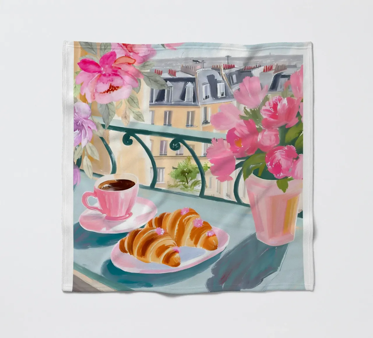 Caffè francese e croissant, stampa sulla colazione, arte in cucina coperta in pile da Bella Studio