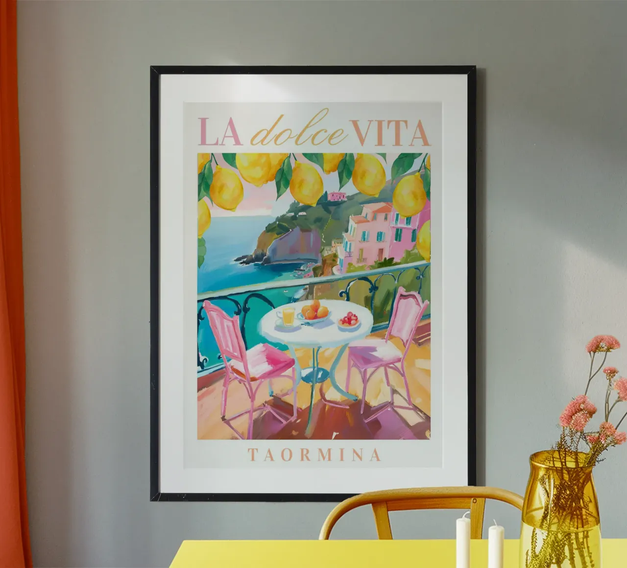 Taormina Italy Print, La Dolce Vita, Lemon Poster poster con telaio in alluminio da Bella Studio