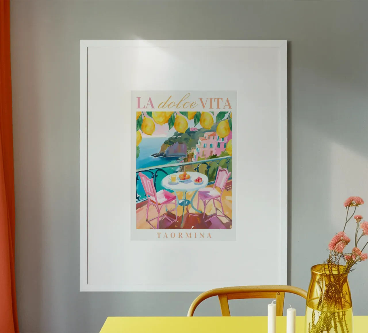 Taormina Italy Print, La Dolce Vita, Lemon Poster poster con telaio in alluminio da Bella Studio