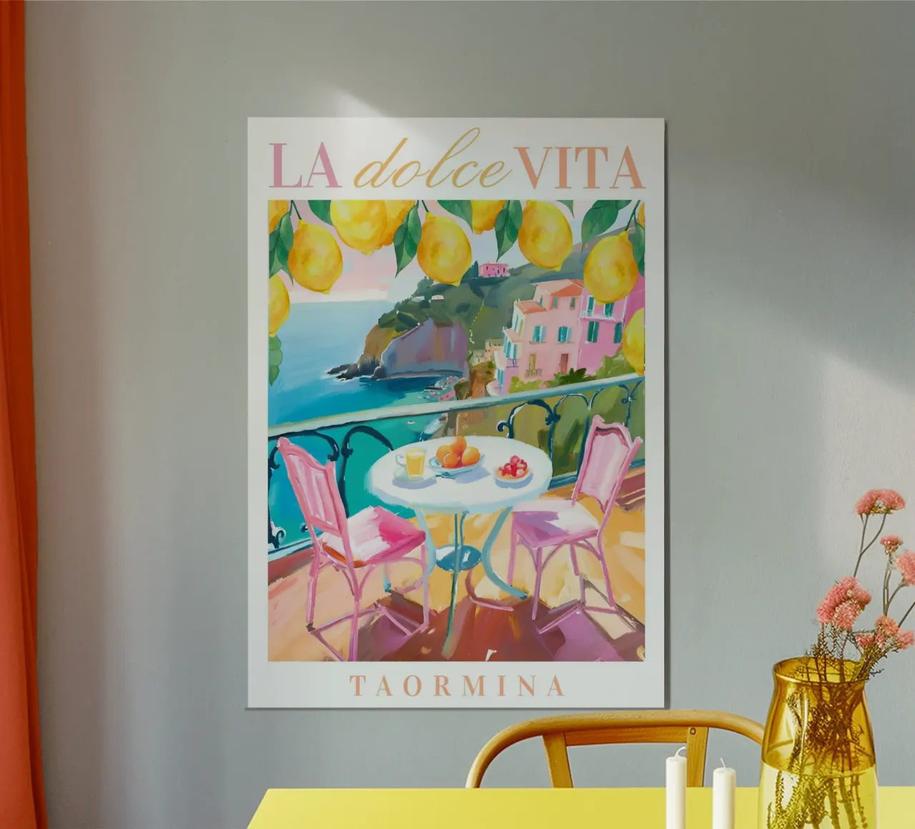 Taormina Italy Print, La Dolce Vita, Lemon Poster poster con telaio in alluminio da Bella Studio