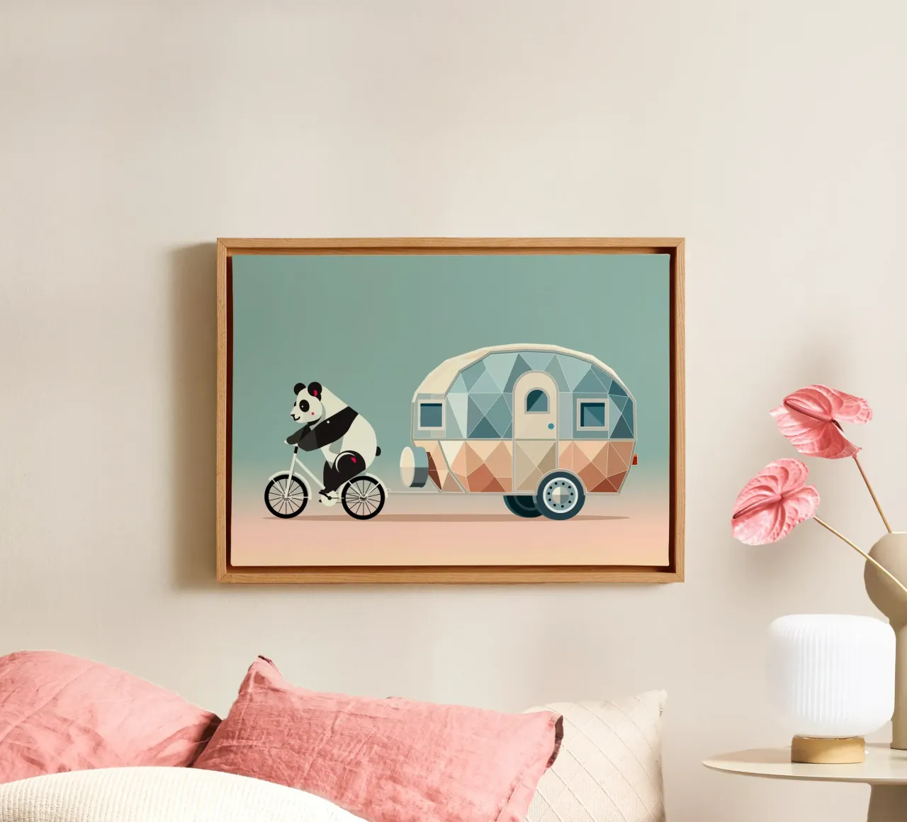 Panda op fiets met caravan - Charmant reizend ontwerp canvas met Baklijst van namosh