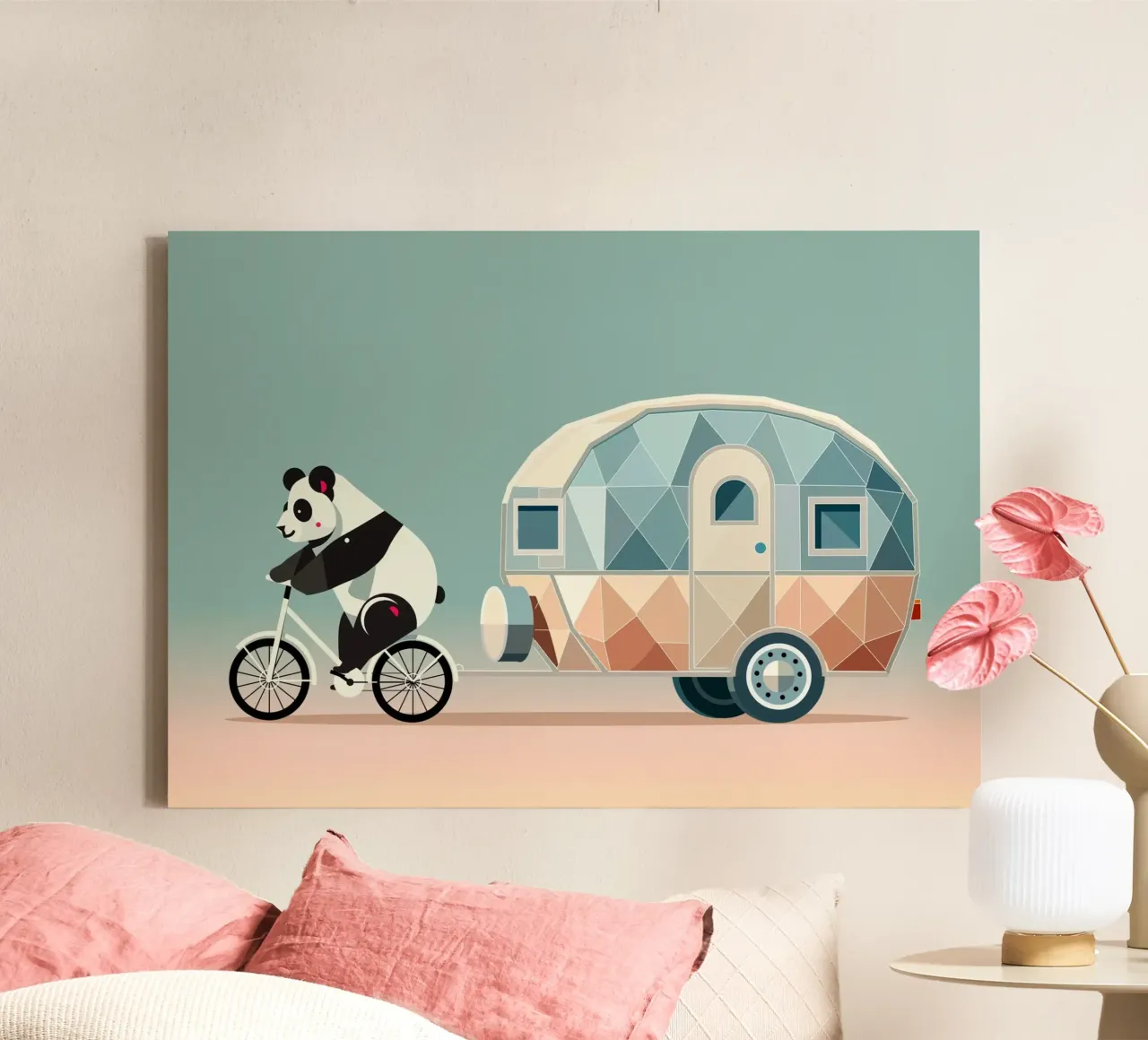 Panda op fiets met caravan - Charmant reizend ontwerp canvas met Baklijst van namosh