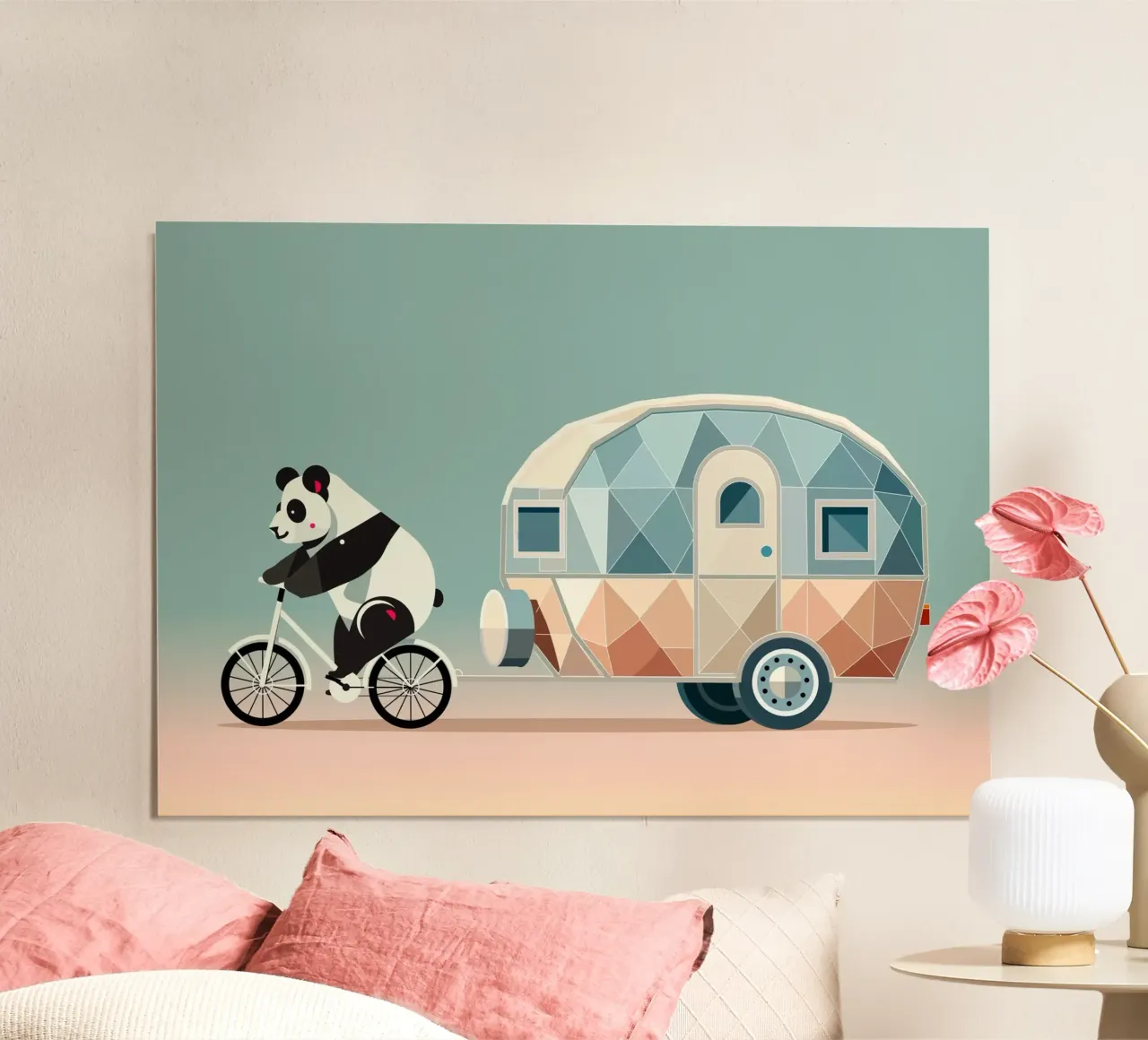 Panda on bicycle with caravan - Charming travelling design poster with plastic frame by namosh