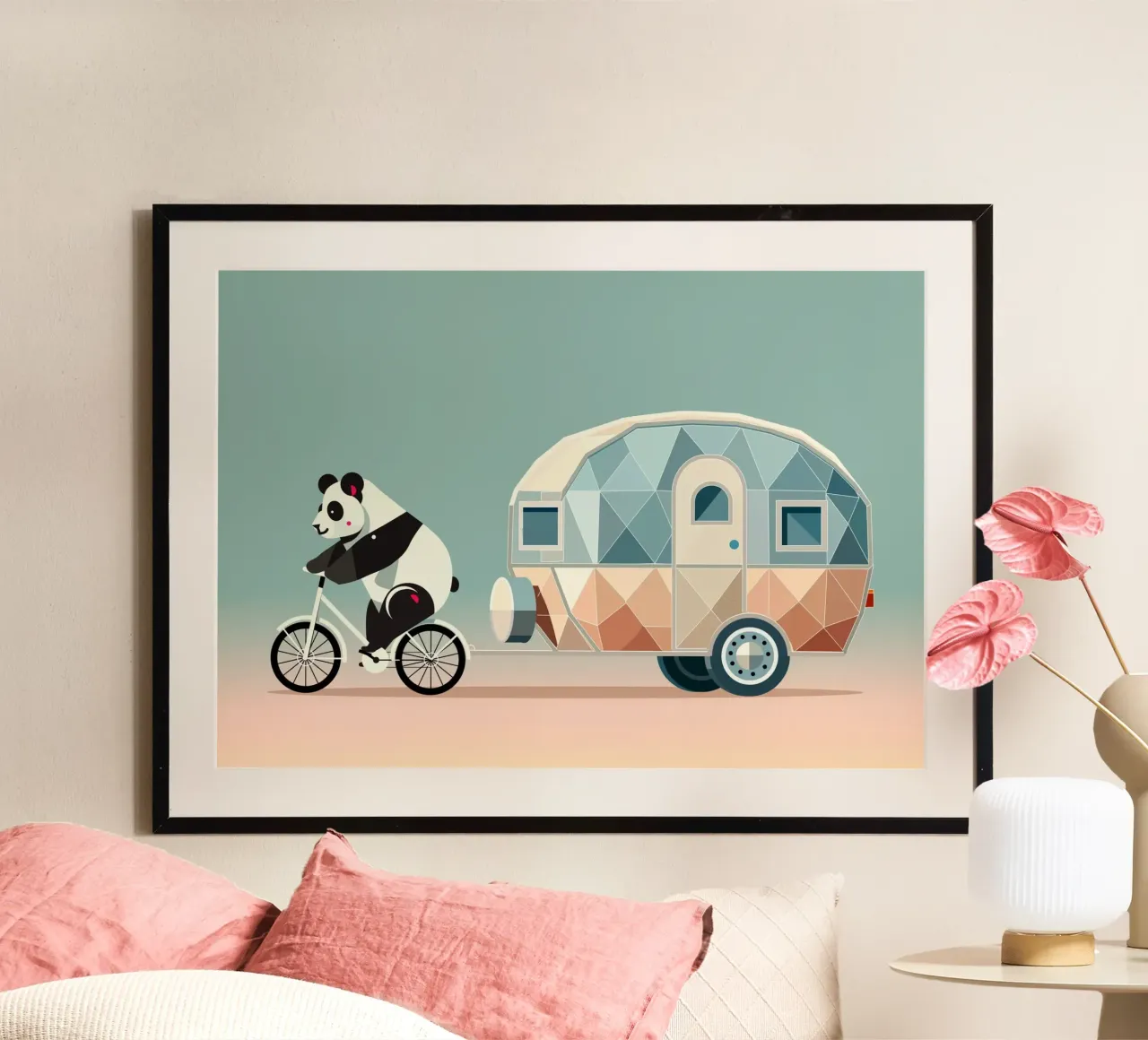 Panda on bicycle with caravan - Charming travelling design poster with plastic frame by namosh