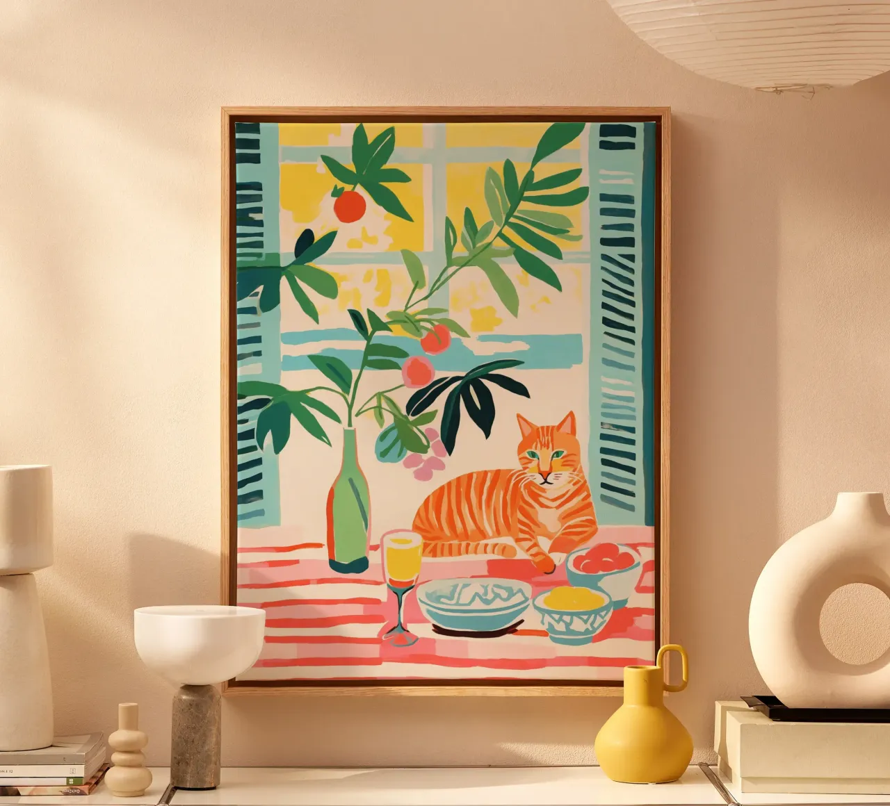 The cat on the breakfast table | Mediterranean still life canvas with Floater frame by Autofocus