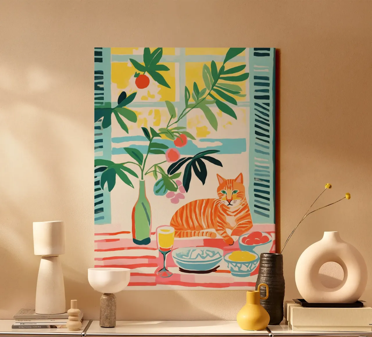 The cat on the breakfast table | Mediterranean still life canvas with Floater frame by Autofocus