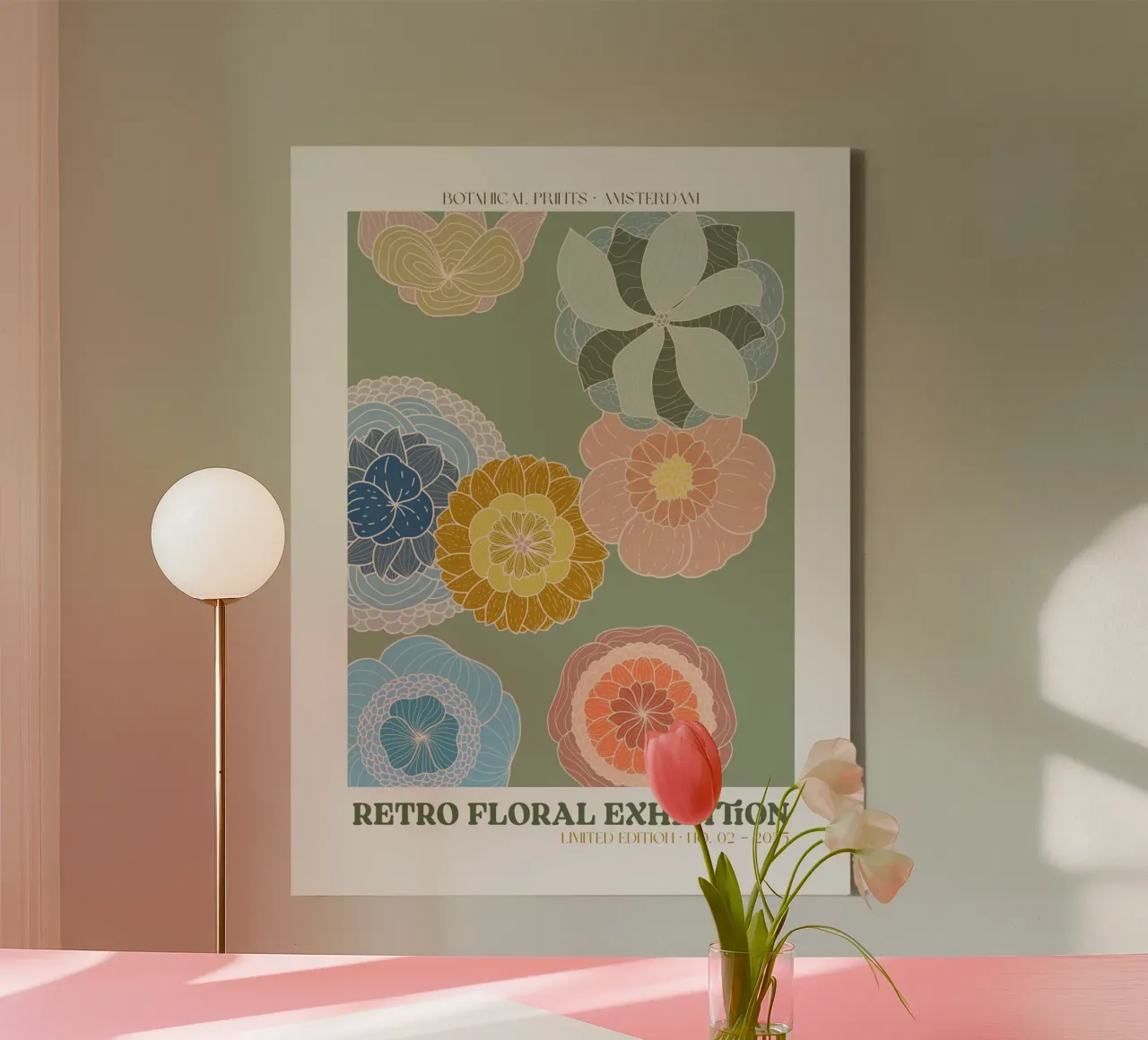 Retro Floral Exhibition No 01 canvas met Baklijst van treechild