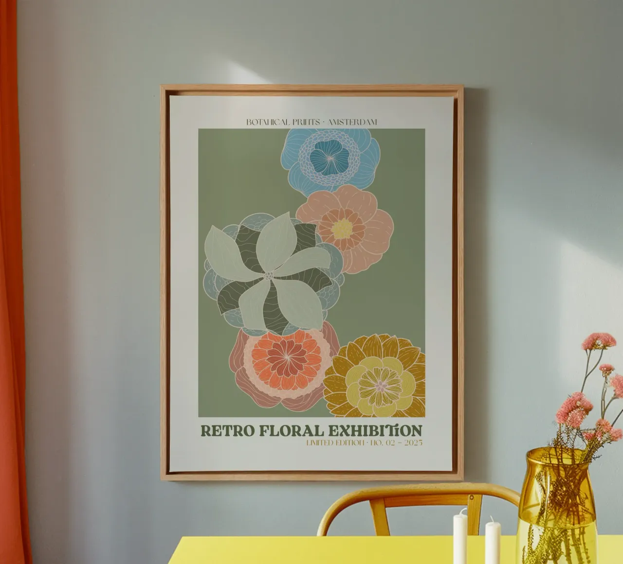 Retro Floral Exhibition No 04 canvas met Baklijst van treechild