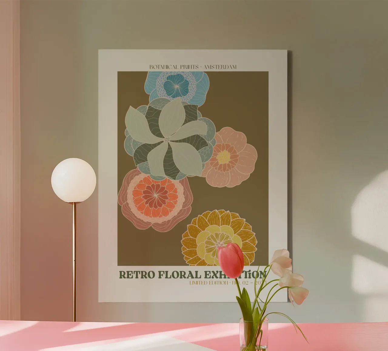 Retro Floral Exhibition No 05 canvas met Baklijst van treechild