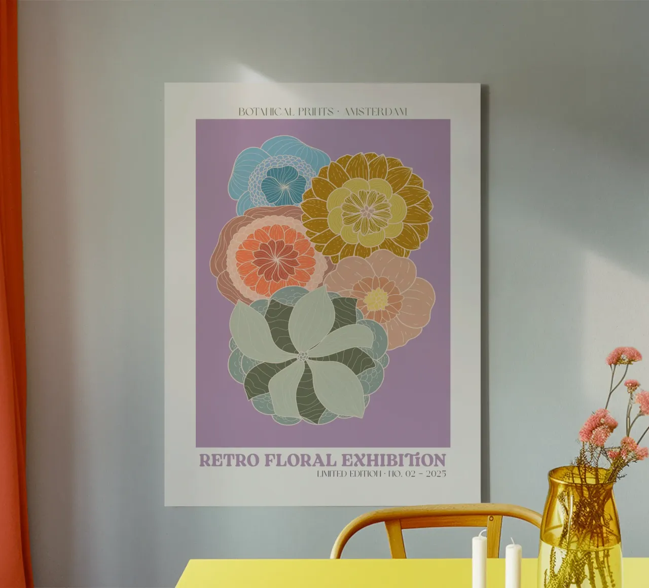 Retro Floral Exhibition No 10 canvas met Baklijst van treechild