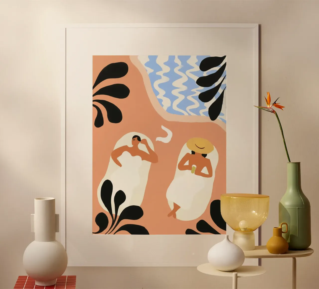 Vacanze in piscina | Pittura rilassata in toni pastello poster con telaio in alluminio da Autofocus