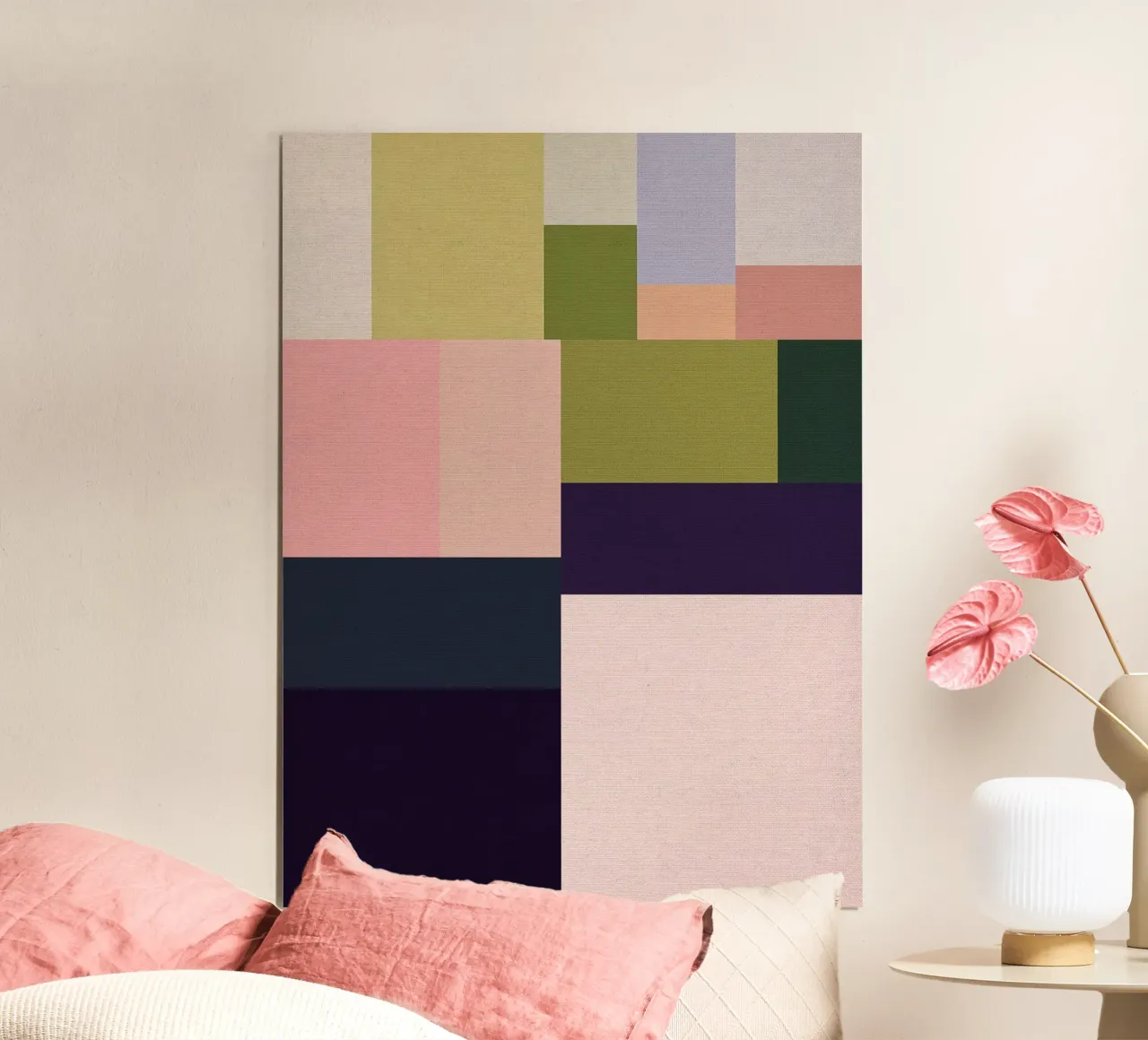 Mid-Century Bohemian Geometry • Summer Fields in Pink, Green hahnemühle by Dominique Vari Abstract