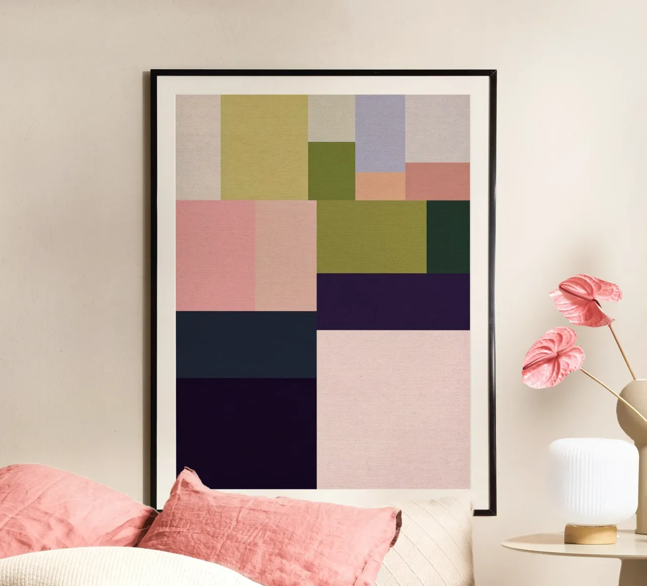 Mid-Century Bohemian Geometry • Summer Fields in Pink, Green hahnemühle by Dominique Vari Abstract