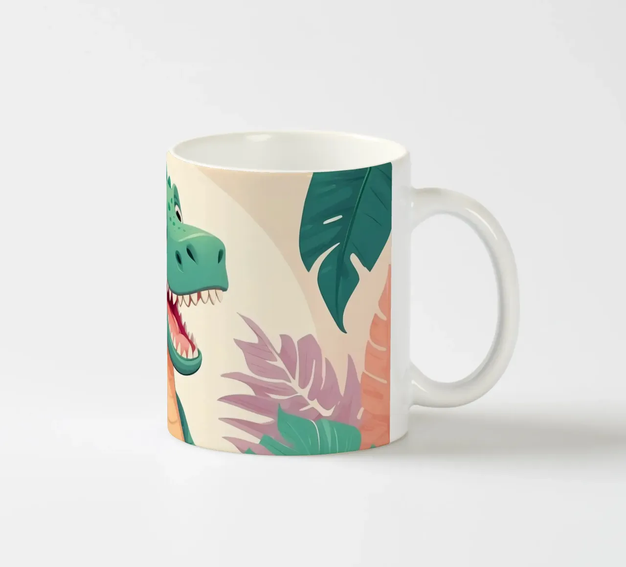 Playful dinosaur character surrounded by tropical leaves ceramic mug by DesignDoodle