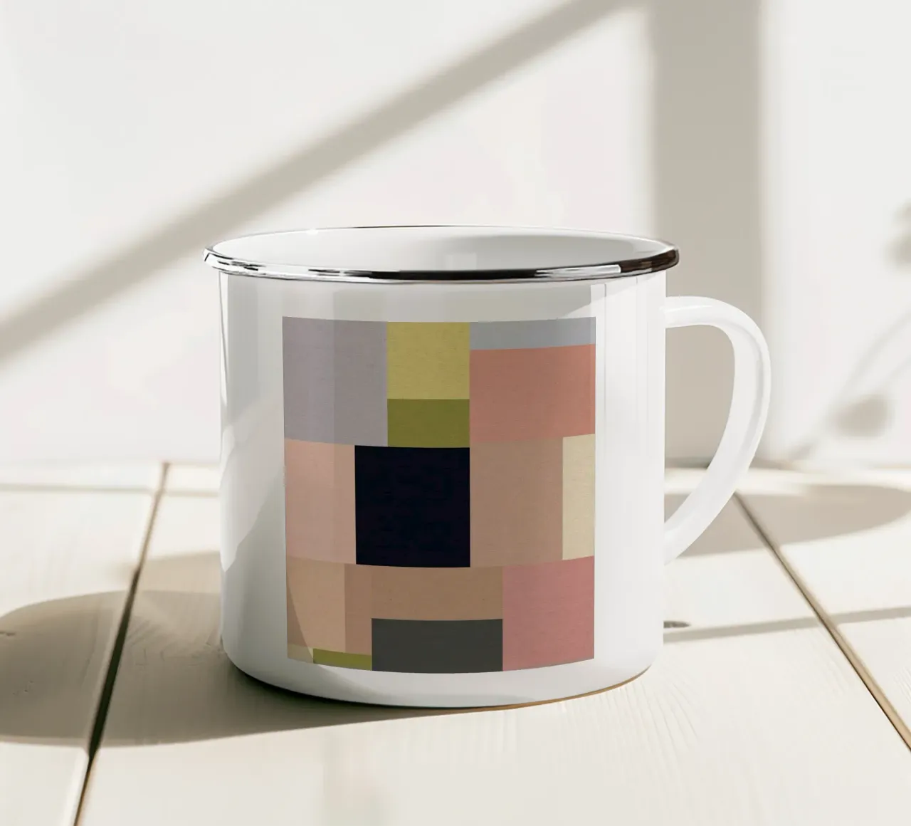 Abstract Summer Fields • Mid Mod Geometry Pink, Green & Blue enamel mug by Dominique Vari Abstract