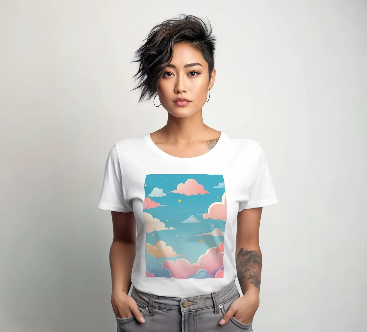 pastel Colorful clouds and stars fill the sky women's fitted t-shirt by DesignDoodle