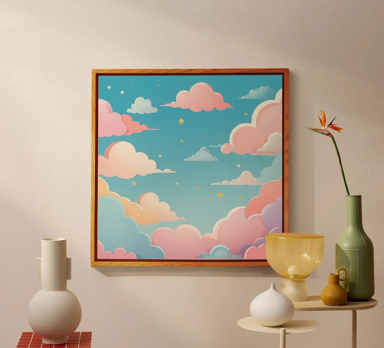 pastel Colorful clouds and stars fill the sky acrylic glass by DesignDoodle