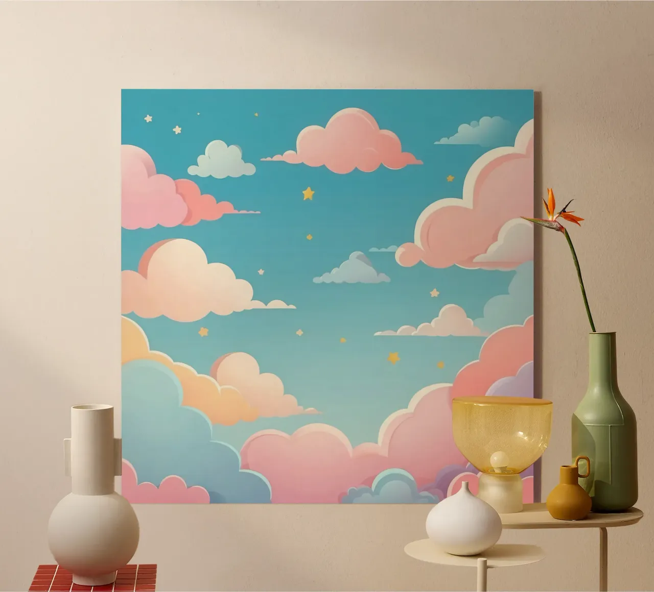 pastel Colorful clouds and stars fill the sky acrylic glass by DesignDoodle