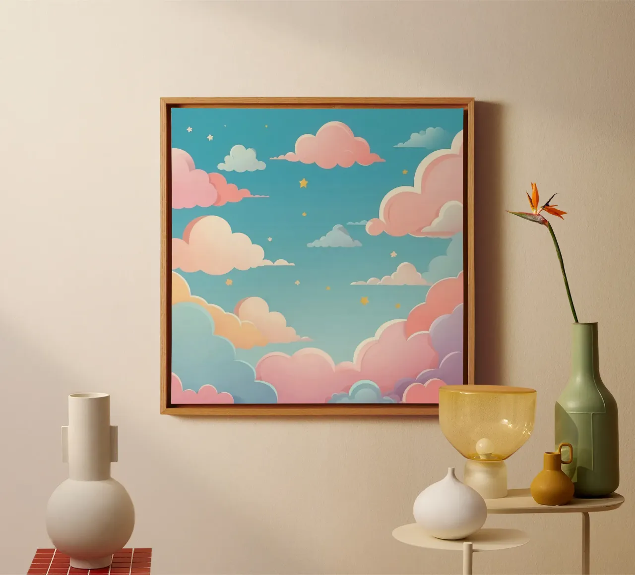 pastel Colorful clouds and stars fill the sky canvas with Floater frame by DesignDoodle