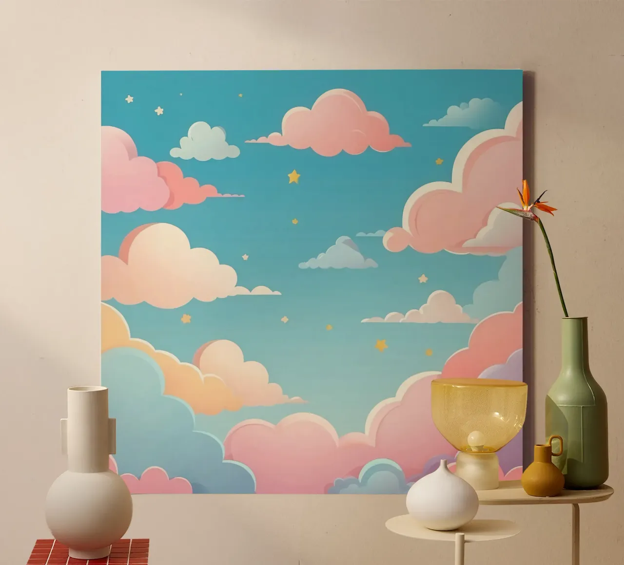 pastel Colorful clouds and stars fill the sky canvas with Floater frame by DesignDoodle