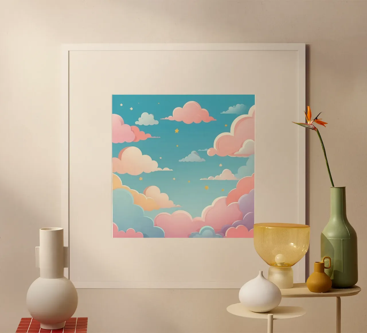 pastello Nuvole e stelle colorate riempiono il cielo poster con telaio in plastica da DesignDoodle