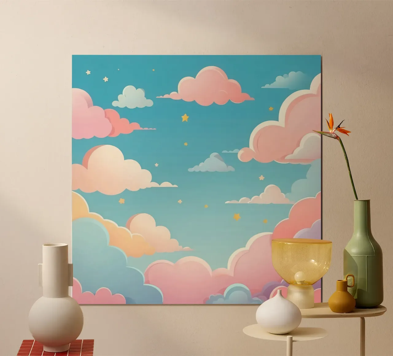 pastello Nuvole e stelle colorate riempiono il cielo poster con telaio in plastica da DesignDoodle