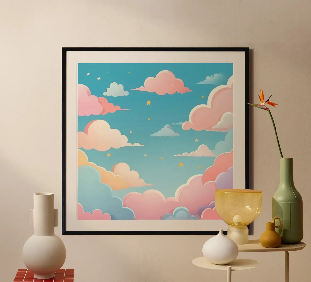 pastello Nuvole e stelle colorate riempiono il cielo poster con telaio in plastica da DesignDoodle