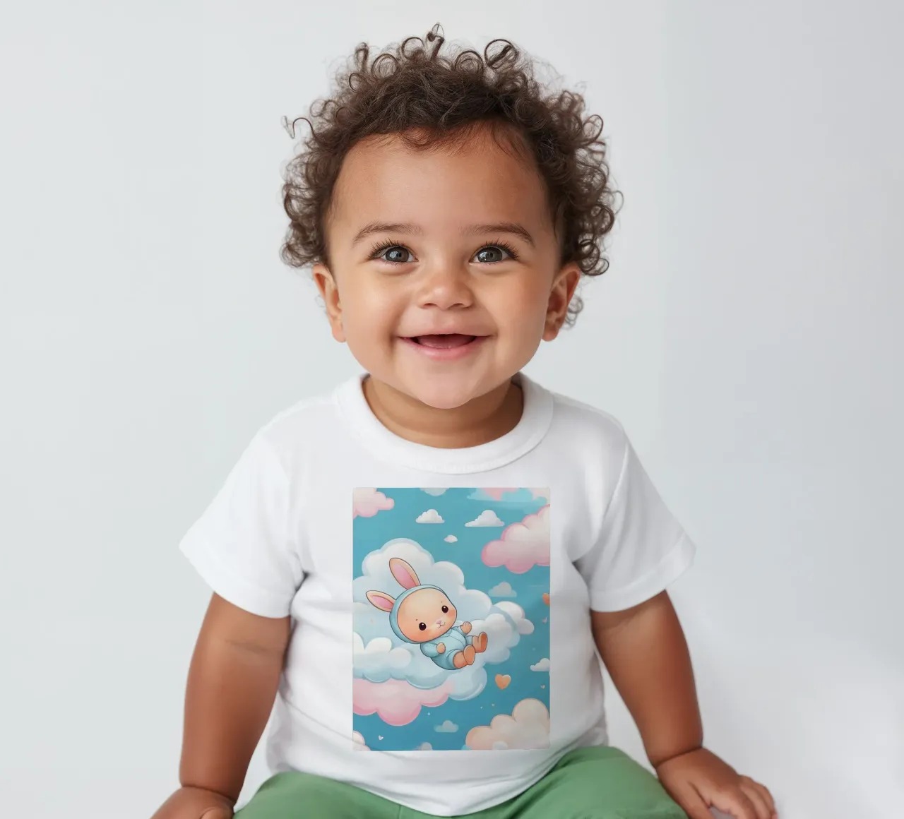 Cute bunny floating among fluffy clouds with pastel colors baby t-shirt by DesignDoodle