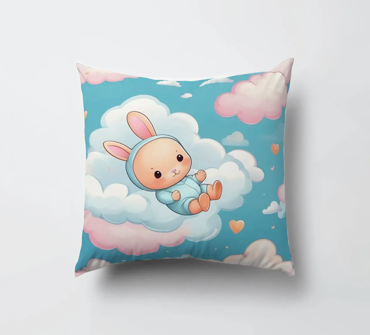Simpatico coniglietto che fluttua tra soffici nuvole dai colori pastello cuscino da DesignDoodle