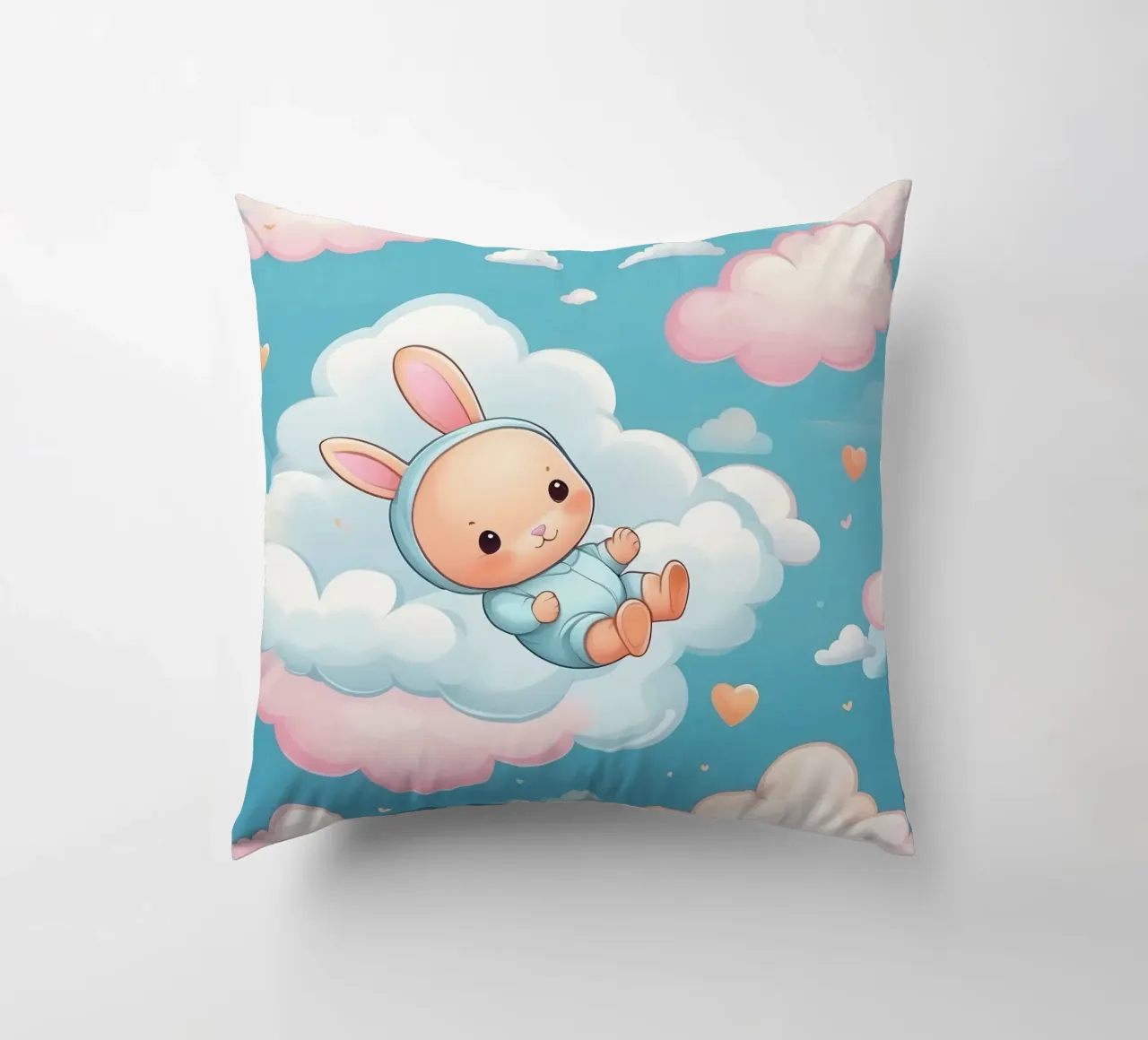 Simpatico coniglietto che fluttua tra soffici nuvole dai colori pastello cuscino da DesignDoodle
