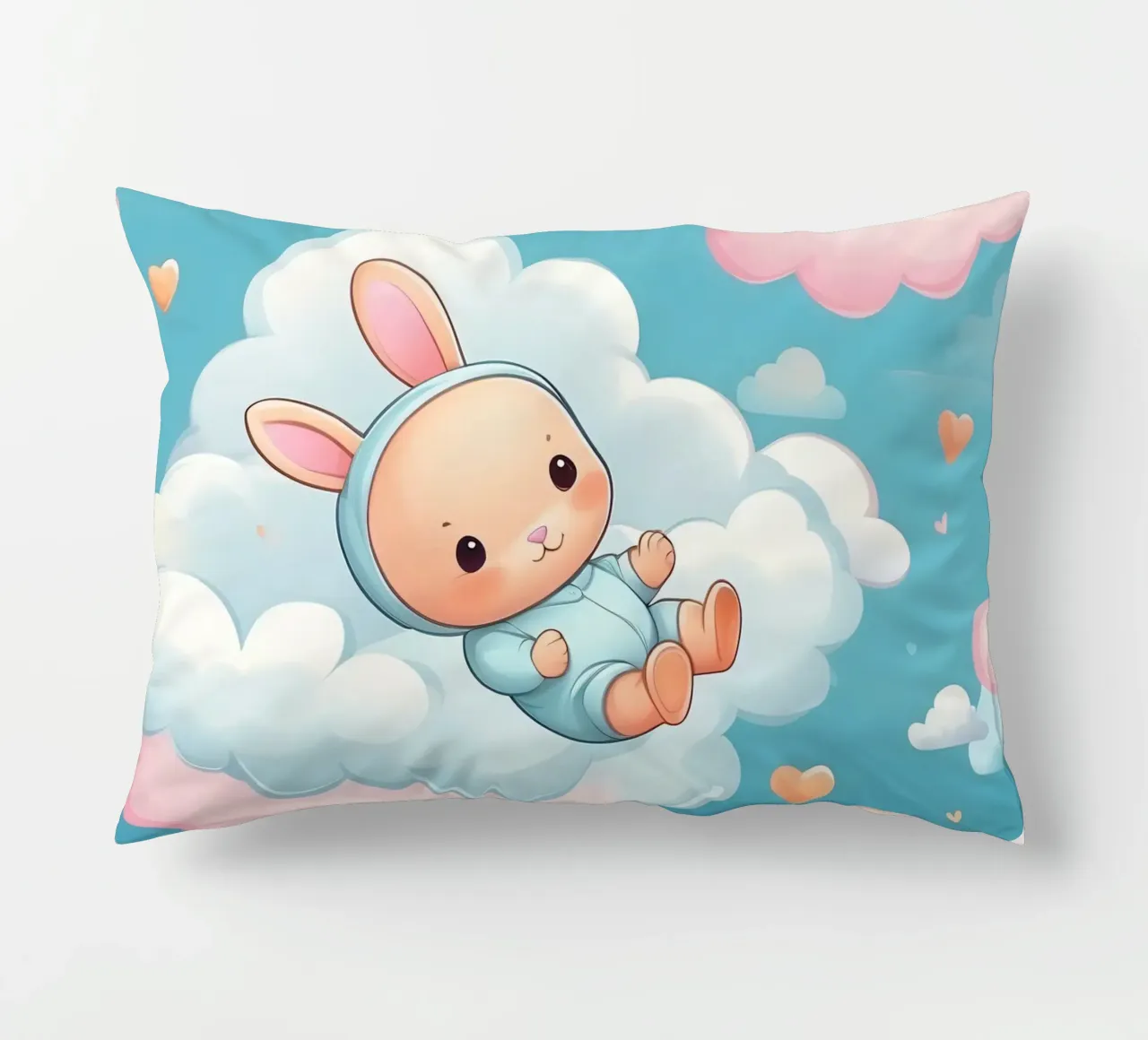 Simpatico coniglietto che fluttua tra soffici nuvole dai colori pastello cuscino da DesignDoodle