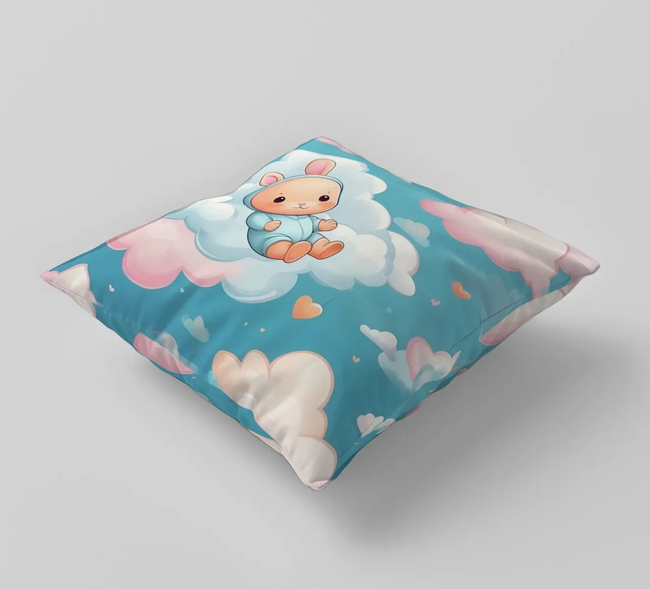 Simpatico coniglietto che fluttua tra soffici nuvole dai colori pastello cuscino da DesignDoodle