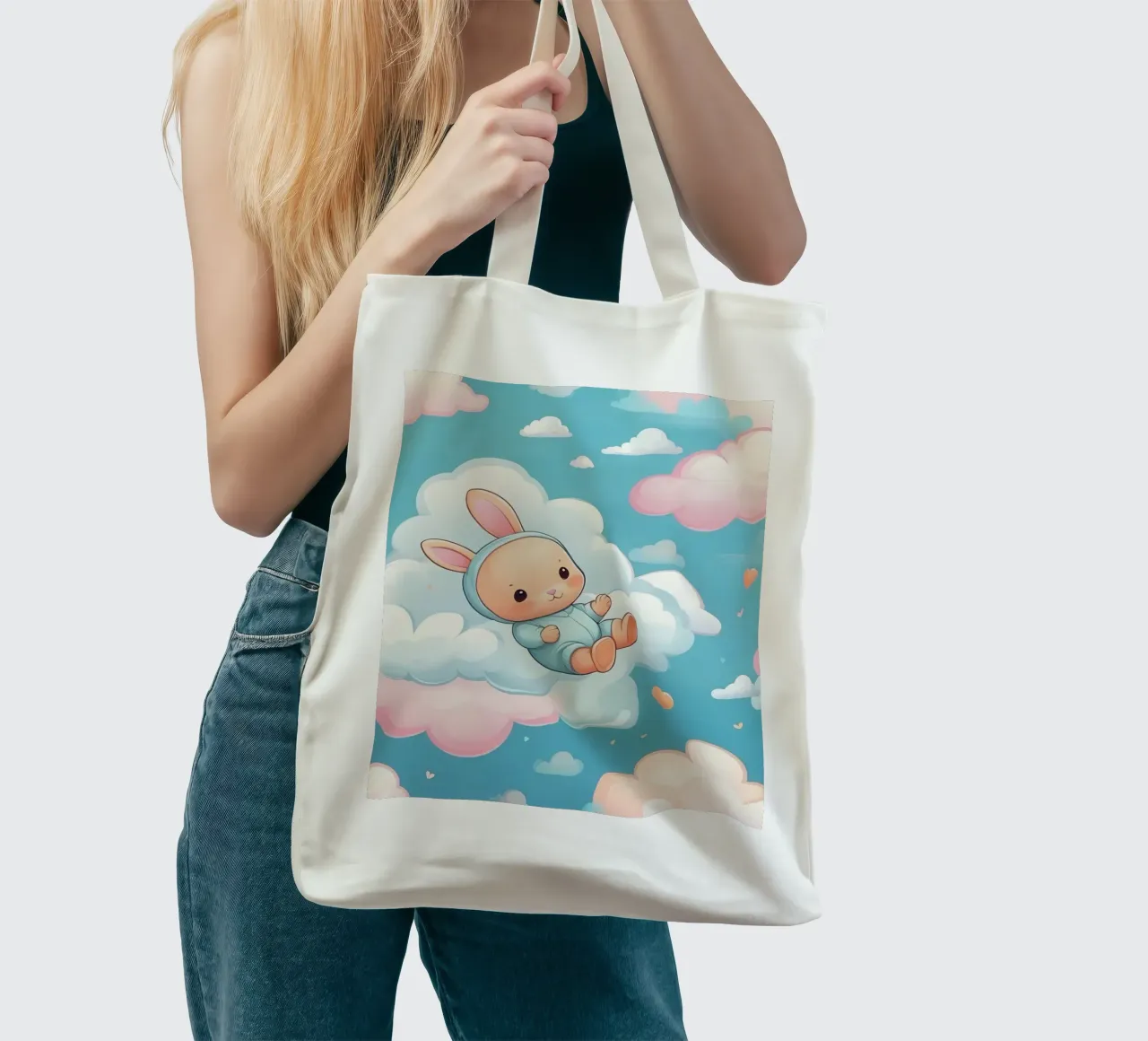 Cute bunny floating among fluffy clouds with pastel colors tote bag by DesignDoodle